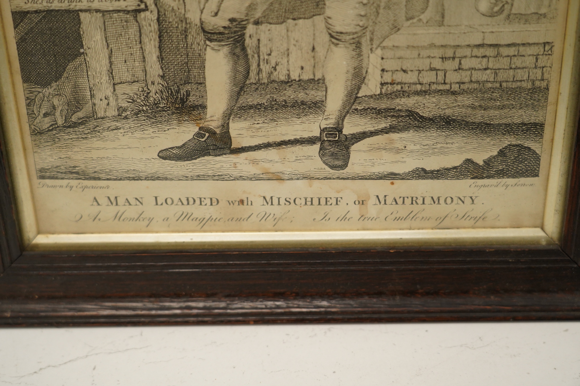 After William Hogarth (1697-1764), satirical print, 'A man loaded with mischief or matrimony', 34 x 23cm. Condition - poor to fair, staining commensurate with age